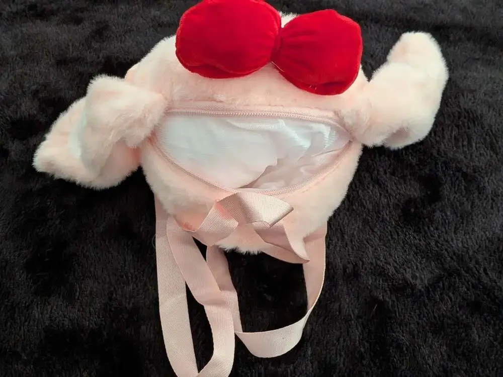 Baby Three Plush Backpack Pink Bunny Rabbit with Red Bow and Adjustable Straps